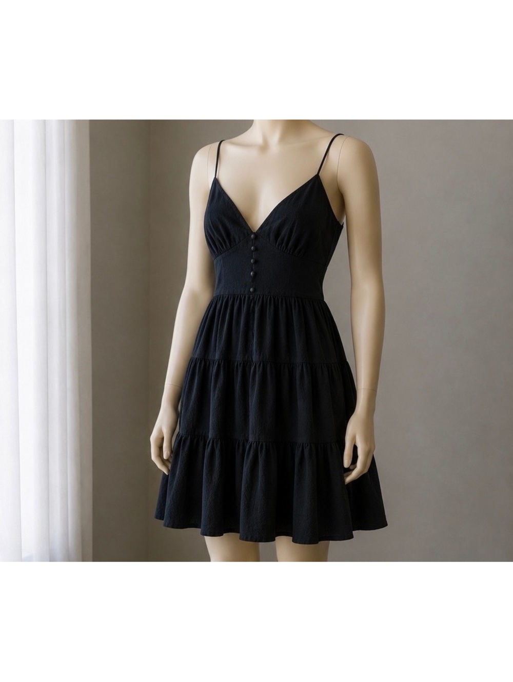 NWT Zaful Black Tiered Mini Dress Size Small Smocked Back Button Front